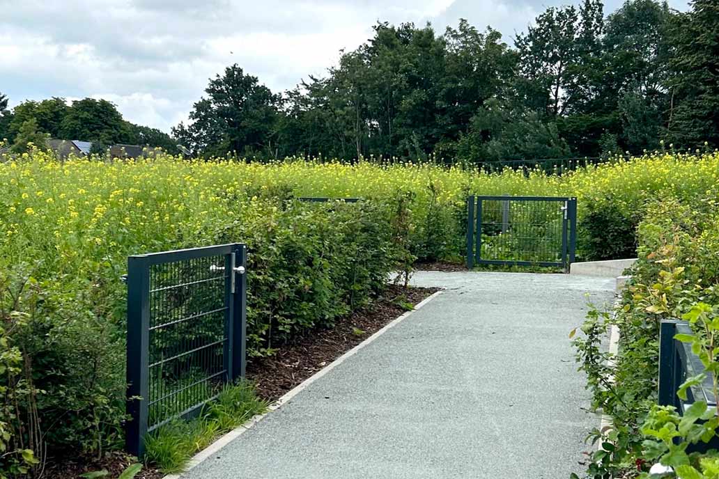 Gartentüren aus Stahl inmitten von gelb bühender Gründüngung auf dem A7-Deckel in Hamburg Stellingen.